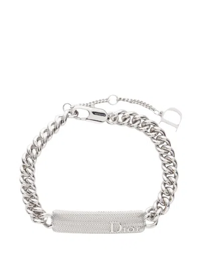 Pre-owned Dior 2020s Guilloché Logo-plate Bracelet In Silver