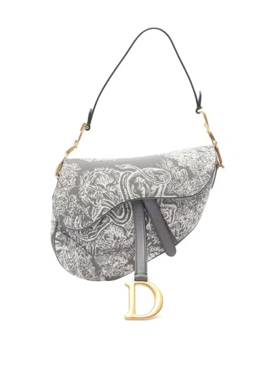 Pre-owned Dior 2021-2025 Canvas Embroidered Reverse Toile De Jouy Saddle Bag Shoulder Bag In Gray