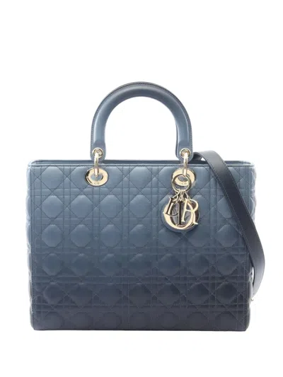 Pre-owned Dior 2021-2025 Large Gradient Lambskin Cannage Lady  Satchel In Blue