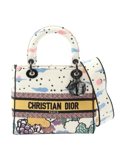 Pre-owned Dior 2021-2025 Medium Canvas Embroidered Ciel De Reve Lady D Lite Satchel In White