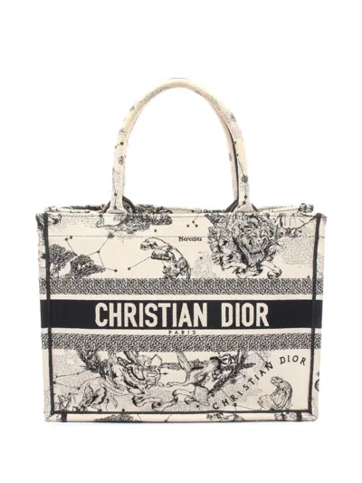 Pre-owned Dior 2021-2025 Medium Canvas Embroidered Zodiac Toile De Jouy Book Tote Bag In White