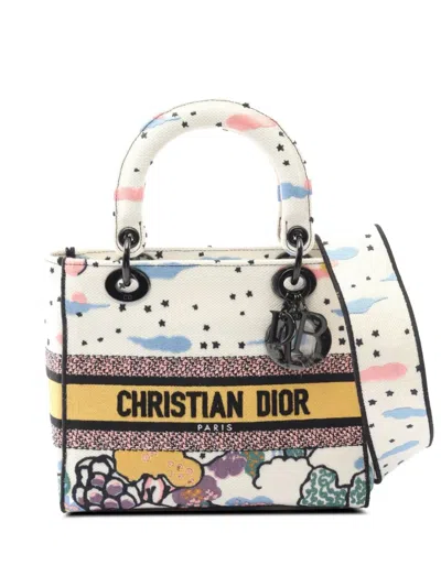 Pre-owned Dior 2021-2025 Medium Embroidered Canvas Ciel De Reve Lady D Lite Satchel In White