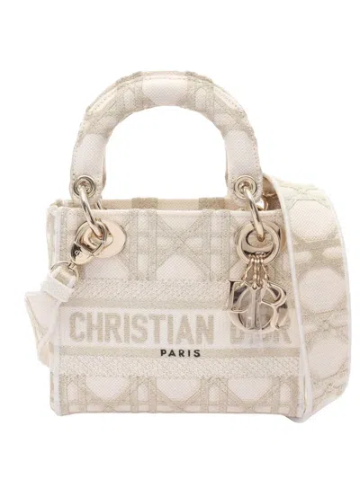 Pre-owned Dior 2021-2025 Mini Embroidered Canvas Cannage Lady D Lite Satchel In Gold