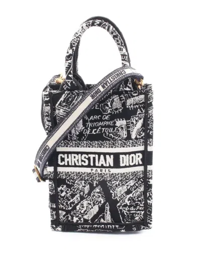 Pre-owned Dior 2021-2025 Mini Plan De Paris Logo Embroidered Canvas Vertical Book Tote Satchel In Black