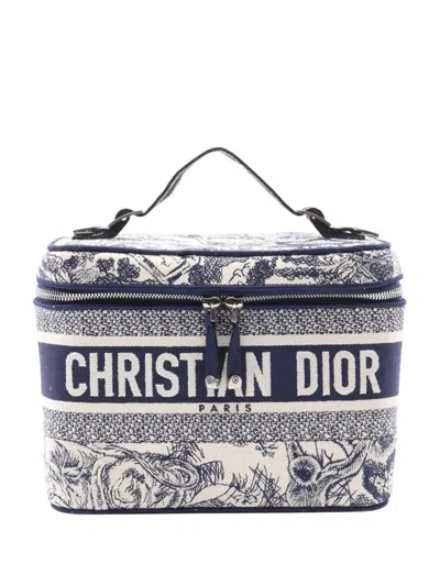 Pre-owned Dior 2021-2025 Toile De Jouy Embroidered Canvas Travel Case Vanity Bag In Blue