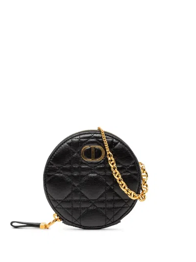 Pre-owned Dior 2021 Calfskin Cannage Round Caro Pouch With Chain Crossbody Bag In Black