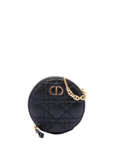 Pre-owned Dior 2021 Calfskin Cannage Round Caro Pouch With Chain Crossbody Bag In Black