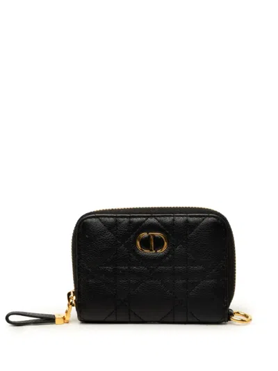Pre-owned Dior 2021 Calfskin Cannage Supple Caro Zippy Purse Coin Pouch In Black