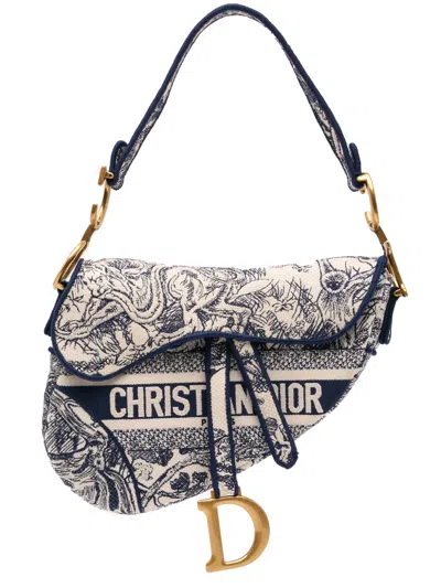 Pre-owned Dior 2021 Canvas Embroidered Toile De Jouy Saddle Bag Shoulder Bag In Blue