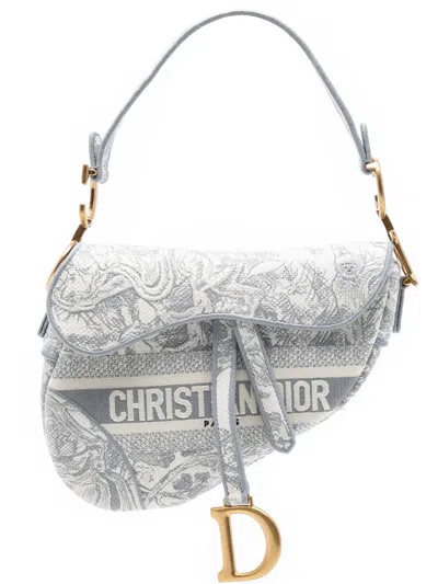Pre-owned Dior 2021 Canvas Embroidered Toile De Jouy Saddle Bag Shoulder Bag In Gray