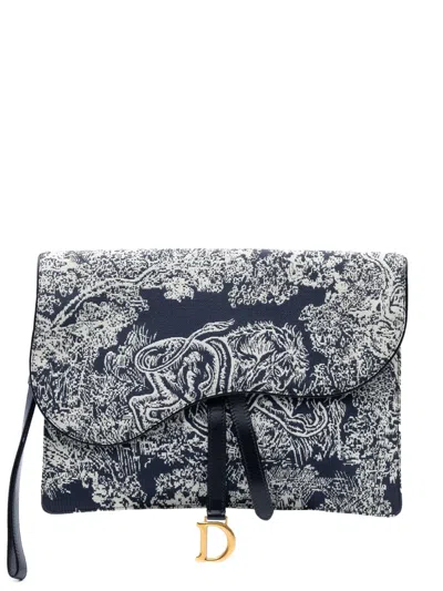 Pre-owned Dior 2021 Canvas Reverse Embroidered Toile De Jouy Clutch Bag In Blue
