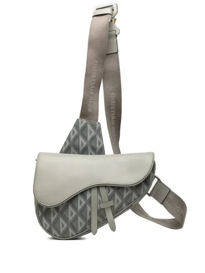 Pre-owned Dior 2021 Cd Diamond Canvas And Calfskin Saddle Bag Crossbody Bag In Grey