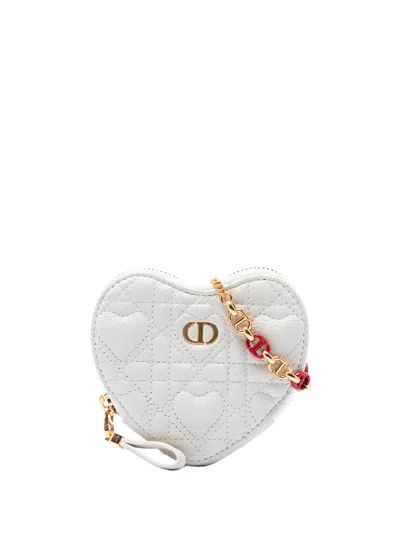 Pre-owned Dior 2021 Amour Calfskin Cannage Caro Heart Pouch With Chain Crossbody Bag In White
