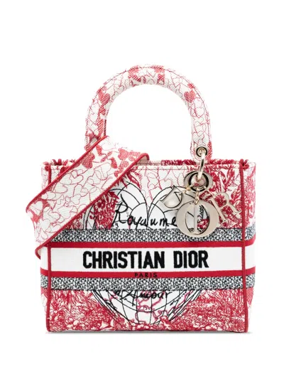 Pre-owned Dior 2021 Amour Medium Embroidered Canvas Royale Lady D Lite Satchel In Red