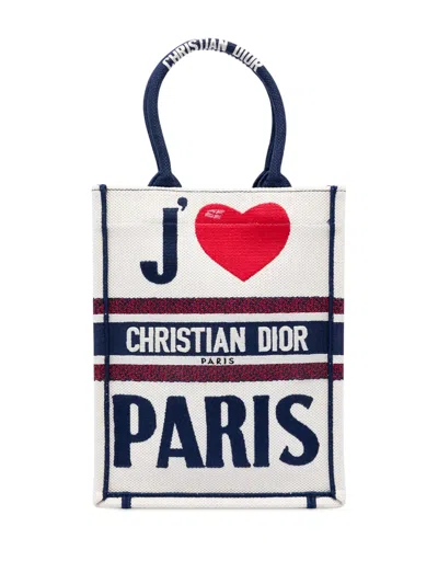 Pre-owned Dior 2021 Embroidered Canvas I Love Paris Vertical Book Tote Bag In White