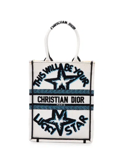 Pre-owned Dior 2021 Embroidered Canvas Lucky Star Vertical Book Tote Bag In Neutrals