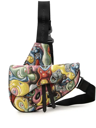 Pre-owned Dior 2021 Kenny Scharf Canvas Saddle Crossbody Bag In Yellow