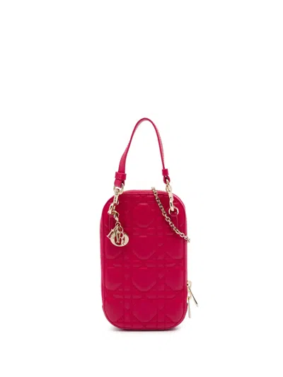 Pre-owned Dior 2021 Lambskin Cannage Lady  Call In Phone Holder Satchel In Red