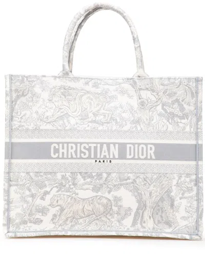 Pre-owned Dior 2021 Large Canvas Embroidered Iviera Toile De Jouy Book Tote Bag