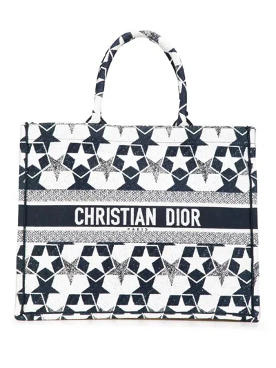 Pre-owned Dior 2021 Large Canvas Embroidered Lucky Star Book Tote Bag In Blue
