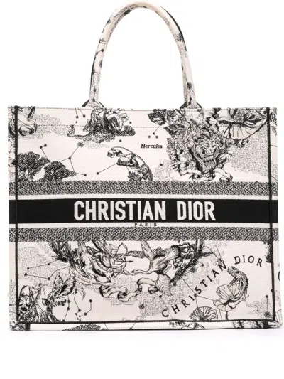 Pre-owned Dior 2021 Large Canvas Embroidered Zodiac Toile De Jouy Book Tote Bag In White