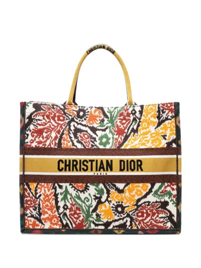 Pre-owned Dior 2021 Large Embroidered Canvas Paisley Book Tote Bag In Yellow