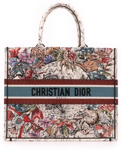 Pre-owned Dior 2021 Large Embroidered Canvas Zodiac Book Tote Bag In Brown