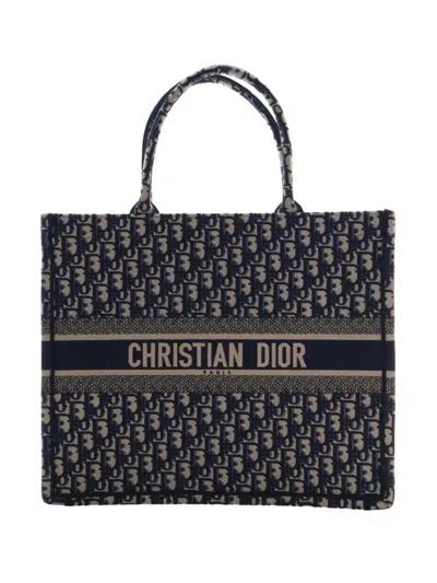 Pre-owned Dior 2021 Large Oblique Embroidered Canvas Book Tote Bag In Blue