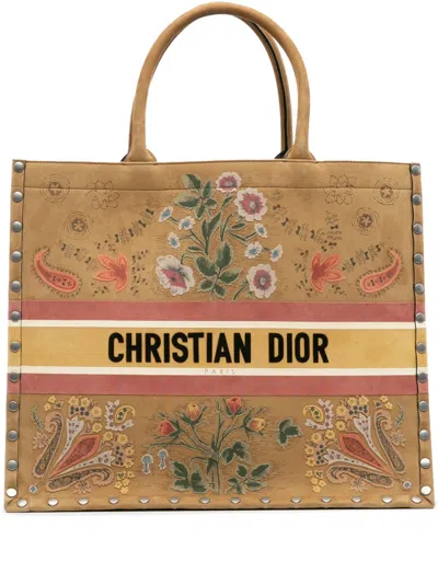 Pre-owned Dior 2021 Large Studded Embroidered Suede Floral Book Tote Bag In Brown