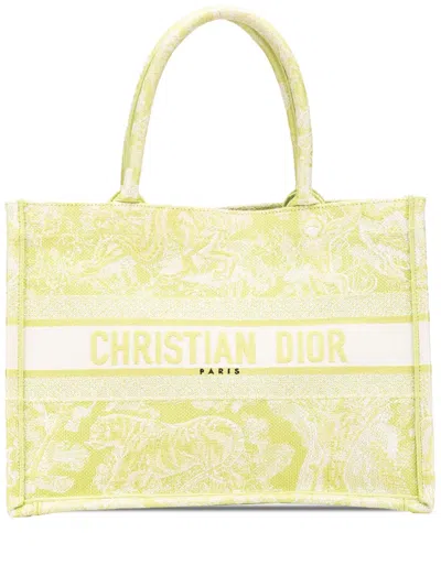 Pre-owned Dior 2021 Medium Canvas Embroidered Iviera Toile De Jouy Book Tote Bag In Green
