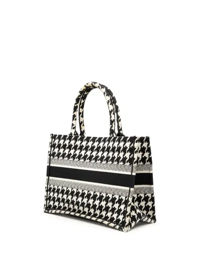 Pre-owned Dior 2021 Medium Canvas Houndstooth Embroidered Book Tote Bag In Black