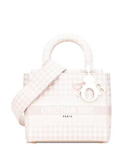 Pre-owned Dior 2021 Medium Canvas Houndstooth Embroidered Lady D Lite Satchel In Pink