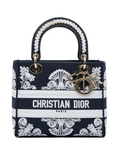 Pre-owned Dior 2021 Medium Embroidered Canvas Cornely Lady D Lite Satchel In Blue