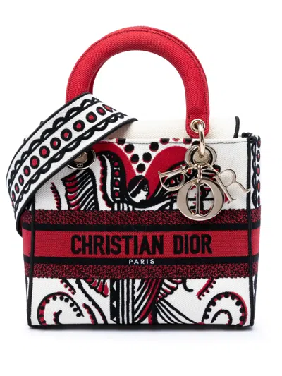 Pre-owned Dior 2021 Medium Embroidered Canvas Cupidon Lady D Lite Satchel In White