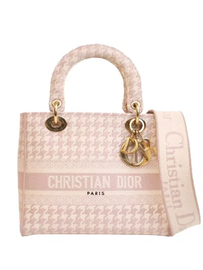 Pre-owned Dior 2021 Medium Embroidered Canvas Houndstooth Lady D Lite Satchel In Pink