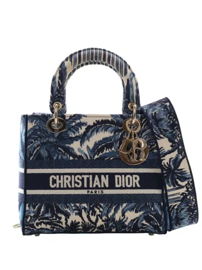 Pre-owned Dior 2021 Medium Embroidered Canvas Palm Tree Toile De Jouy Lady D Lite Satchel In Blue