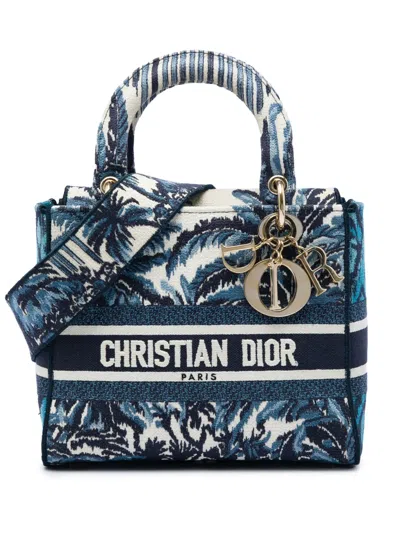 Pre-owned Dior 2021 Medium Embroidered Canvas Palm Tree Toile De Jouy Lady D Lite Satchel In Blue