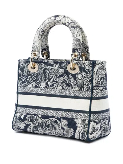 Pre-owned Dior 2021 Medium Embroidered Canvas Toile De Jouy Lady D Lite Satchel In 蓝色
