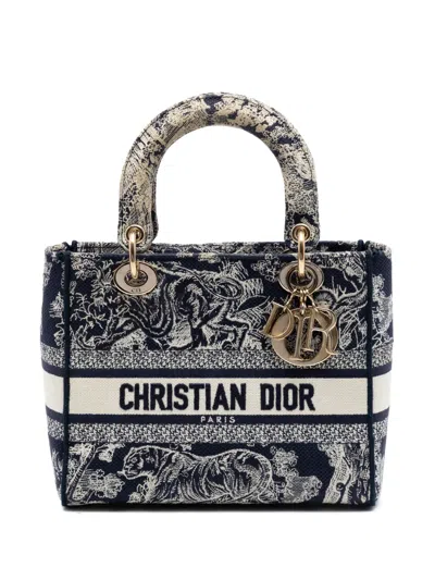 Pre-owned Dior 2021 Medium Embroidered Canvas Toile De Jouy Lady D Lite Satchel In Blue