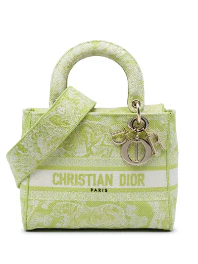 Pre-owned Dior 2021 Medium Embroidered Canvas Toile De Jouy Lady D Lite Satchel In Green
