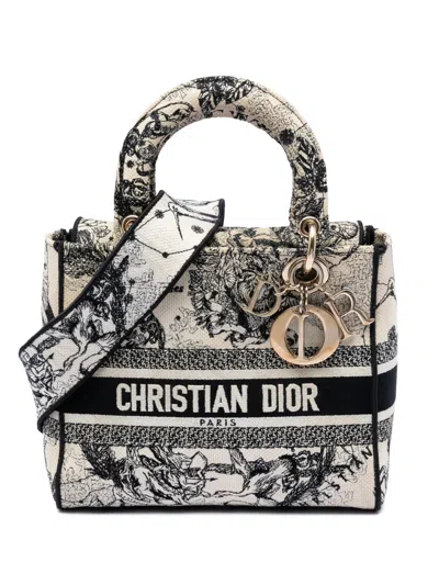Pre-owned Dior 2021 Medium Embroidered Canvas Zodiac Lady D Lite Satchel In White