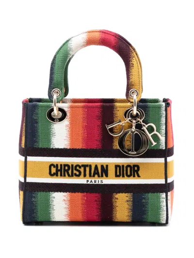 Pre-owned Dior 2021 Medium Embroidered Multicolor Canvas Striped Lady D Lite Satchel
