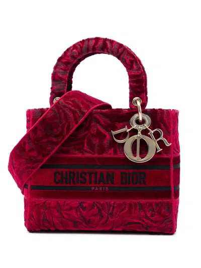 Pre-owned Dior 2021 Medium Embroidered Velvet Roses Lady D Lite Satchel In Red