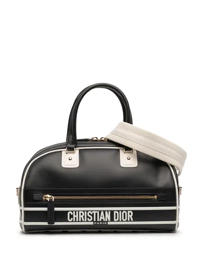 Pre-owned Dior 2021 Medium Leather  Vibe Zip Bowling Bag Satchel In Black