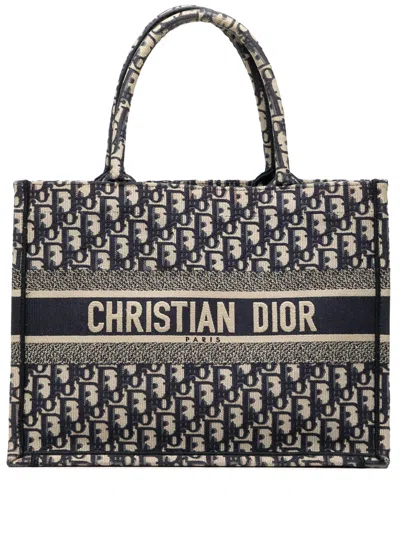 Pre-owned Dior 2021 Medium Oblique Embroidered Canvas Book Tote Bag In Blue