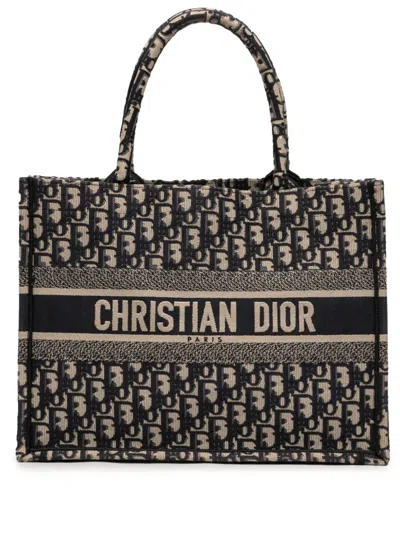 Pre-owned Dior 2021 Medium Oblique Embroidered Canvas Book Tote Bag In Blue