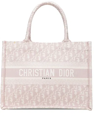Pre-owned Dior 2021 Medium Oblique Embroidered Canvas Book Tote Bag In Pink