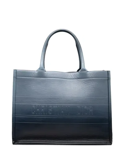 Pre-owned Dior 2021 Medium Ombre Embossed Leather Book Tote Bag In Blue