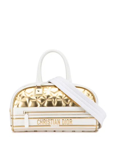 Pre-owned Dior 2021 Medium Padded Etoile Leather Vibe Zip Bowling Bag Satchel In Gold
