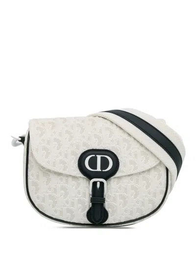 Pre-owned Dior 2021 Medium Perforated Calfskin Oblique Bobby Flap Crossbody Bag In White
